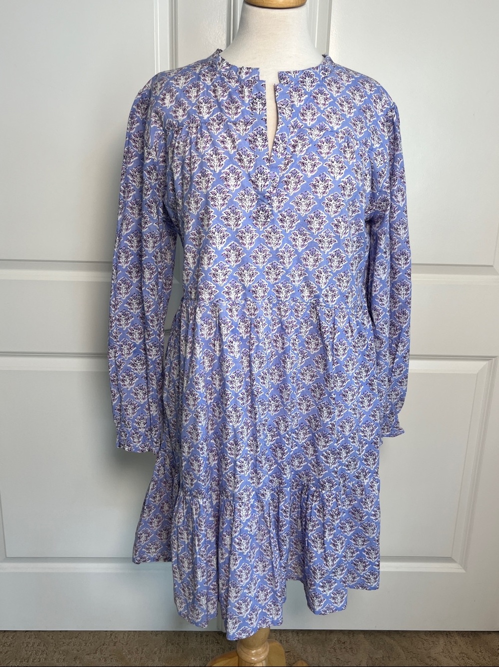 Madison Mathews Lavender & White Floral Block Print Tiered Cotton Dress XL India